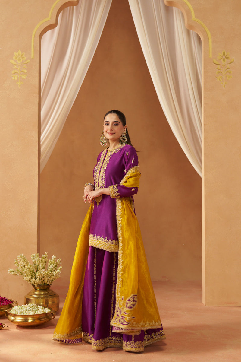 Fadiya Deep Purple Kurta with Sharara and Dupatta silk chanderi kurta/kurta set by SHEETAL BATRA in purple for women in Singapore