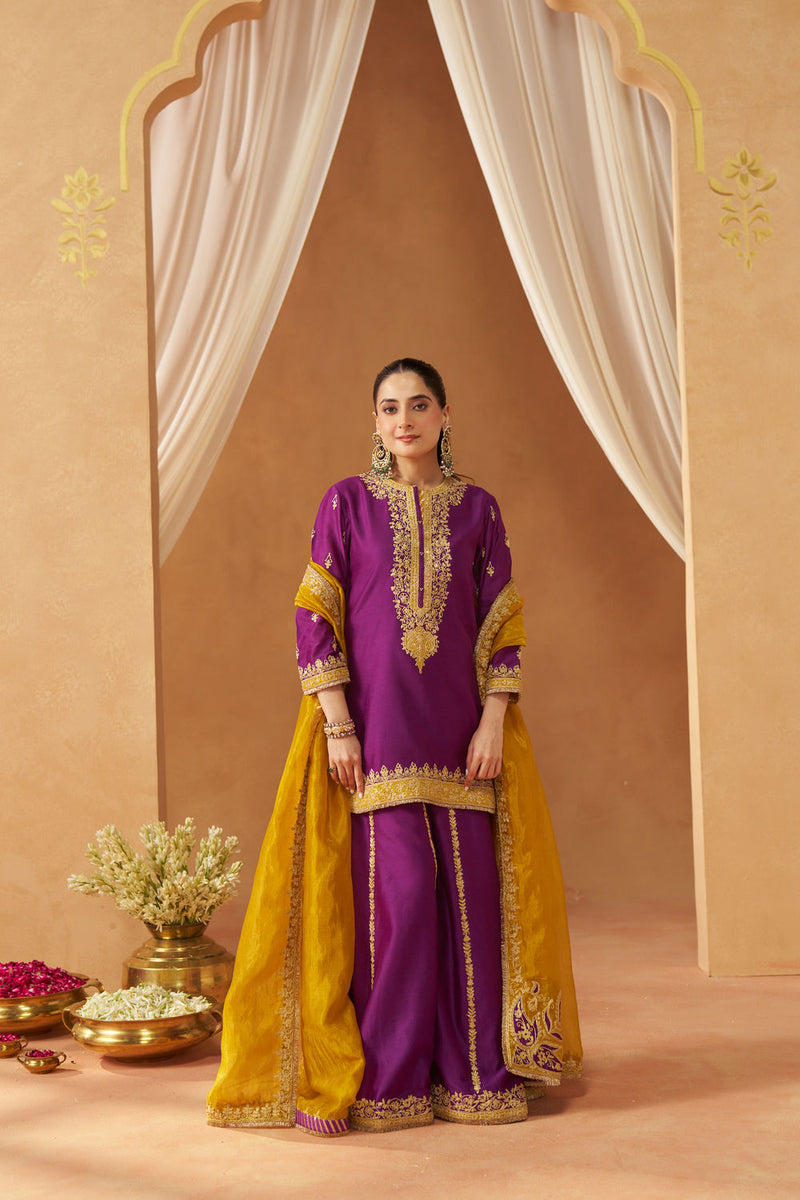 Fadiya Deep Purple Kurta with Sharara and Dupatta silk chanderi kurta/kurta set by SHEETAL BATRA in purple for women in Singapore