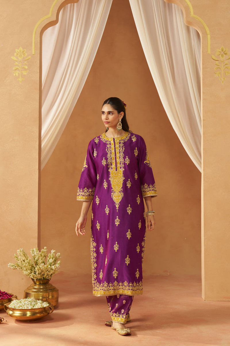 Mubina Deep Purple Kurta with Salwar and Dupatta silk chanderi kurta/kurta set by SHEETAL BATRA in purple for women in Singapore