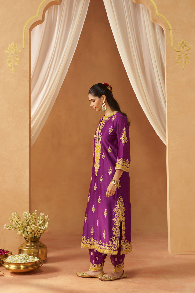 Mubina Deep Purple Kurta with Salwar and Dupatta silk chanderi kurta/kurta set by SHEETAL BATRA in purple for women in Singapore