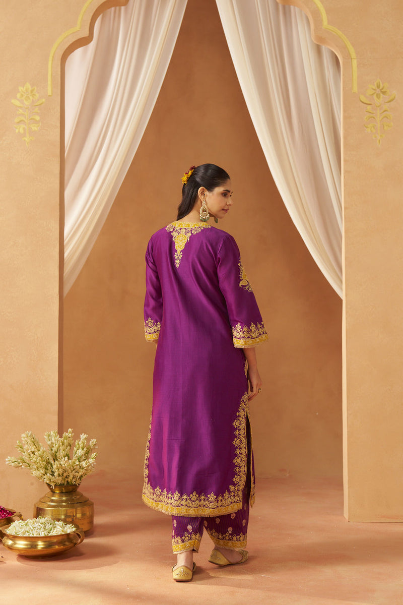 Mubina Deep Purple Kurta with Salwar and Dupatta silk chanderi kurta/kurta set by SHEETAL BATRA in purple for women in Singapore