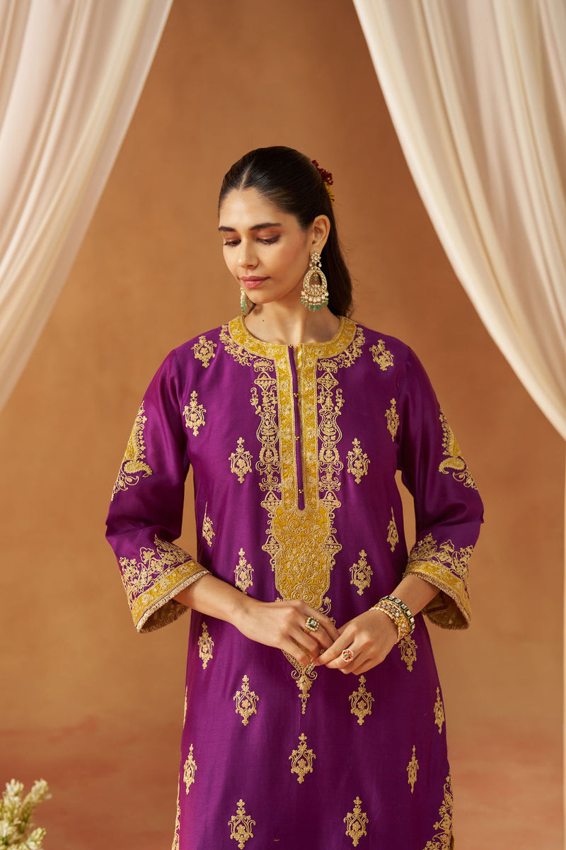 Mubina Deep Purple Kurta with Salwar and Dupatta silk chanderi kurta/kurta set by SHEETAL BATRA in purple for women in Singapore