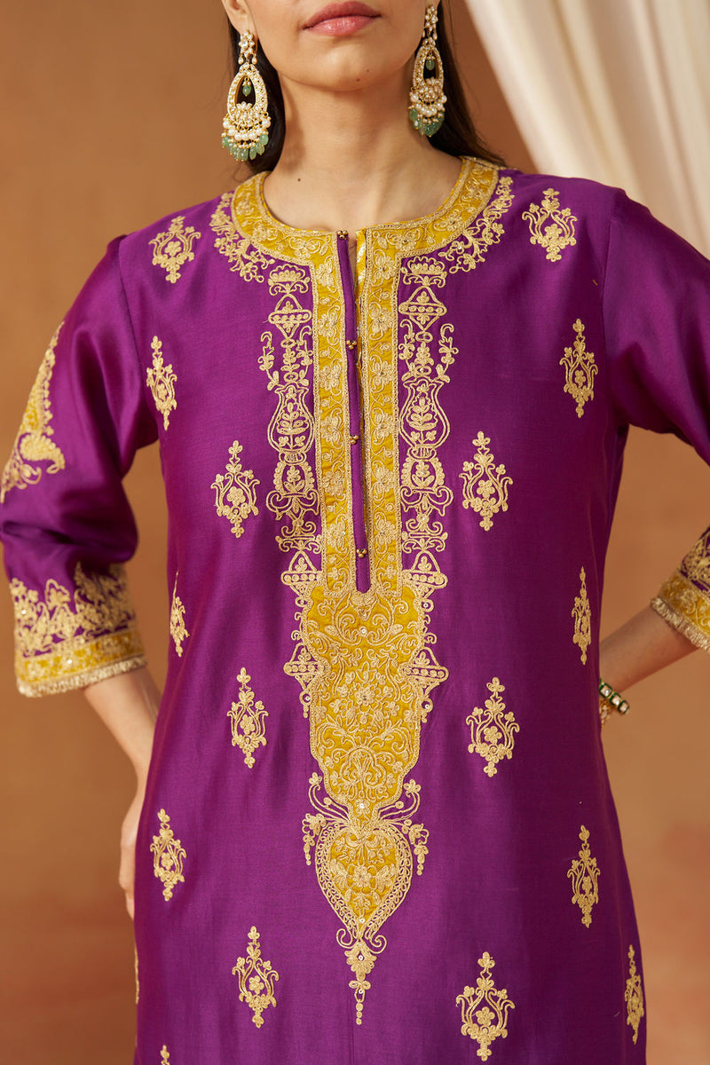 Mubina Deep Purple Kurta with Salwar and Dupatta silk chanderi kurta/kurta set by SHEETAL BATRA in purple for women in Singapore