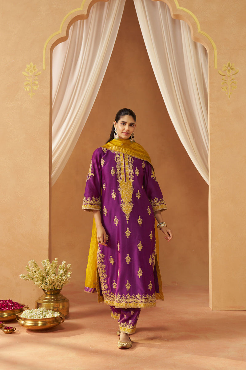 Mubina Deep Purple Kurta with Salwar and Dupatta silk chanderi kurta/kurta set by SHEETAL BATRA in purple for women in Singapore