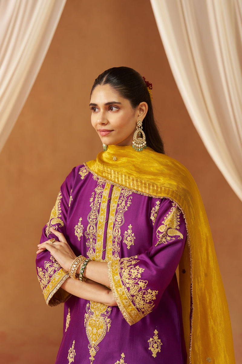Mubina Deep Purple Kurta with Salwar and Dupatta silk chanderi kurta/kurta set by SHEETAL BATRA in purple for women in Singapore