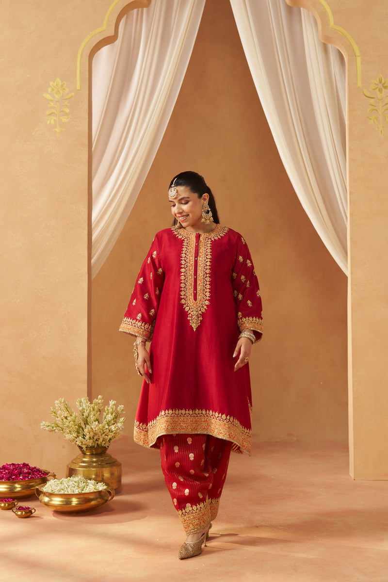 Zeenal Deep Red A-Line Kaaftan with Salwar with Dupatta silk chanderi kurta/kurta set by SHEETAL BATRA in red for women in Singapore