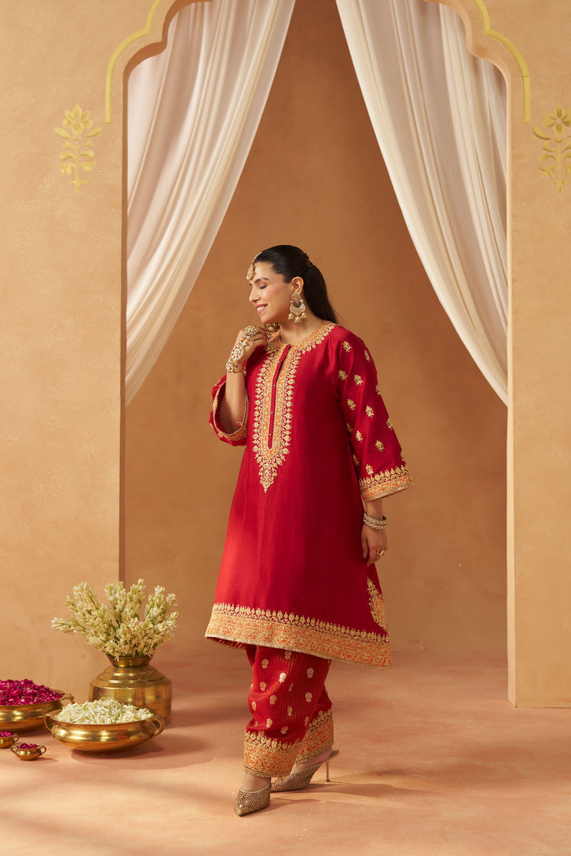 Zeenal Deep Red A-Line Kaaftan with Salwar with Dupatta silk chanderi kurta/kurta set by SHEETAL BATRA in red for women in Singapore