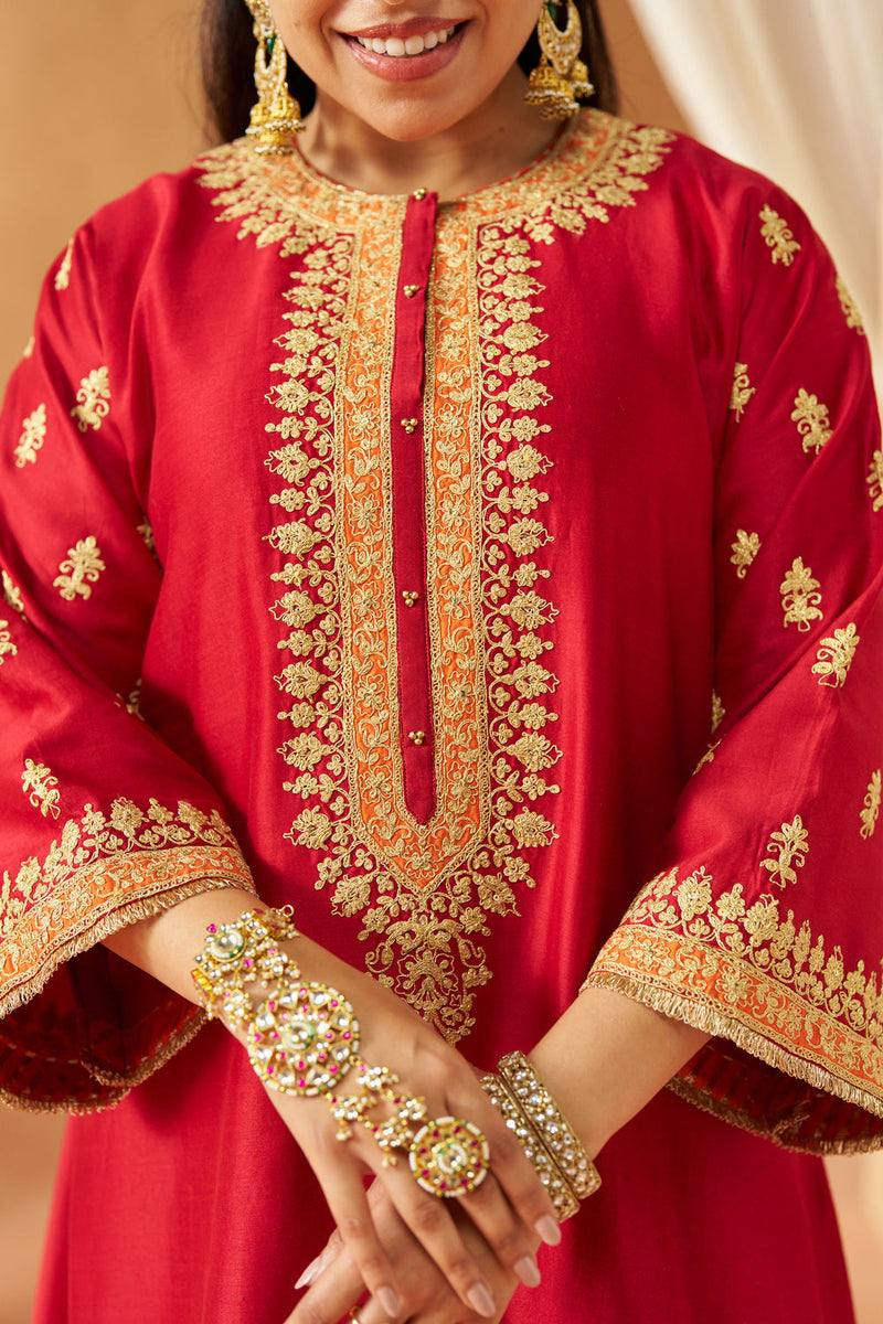 Zeenal Deep Red A-Line Kaaftan with Salwar with Dupatta silk chanderi kurta/kurta set by SHEETAL BATRA in red for women in Singapore