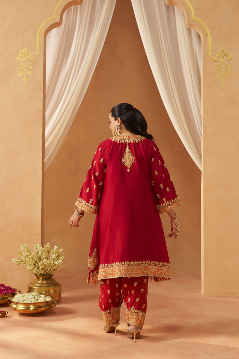 Zeenal Deep Red A-Line Kaaftan with Salwar with Dupatta silk chanderi kurta/kurta set by SHEETAL BATRA in red for women in Singapore