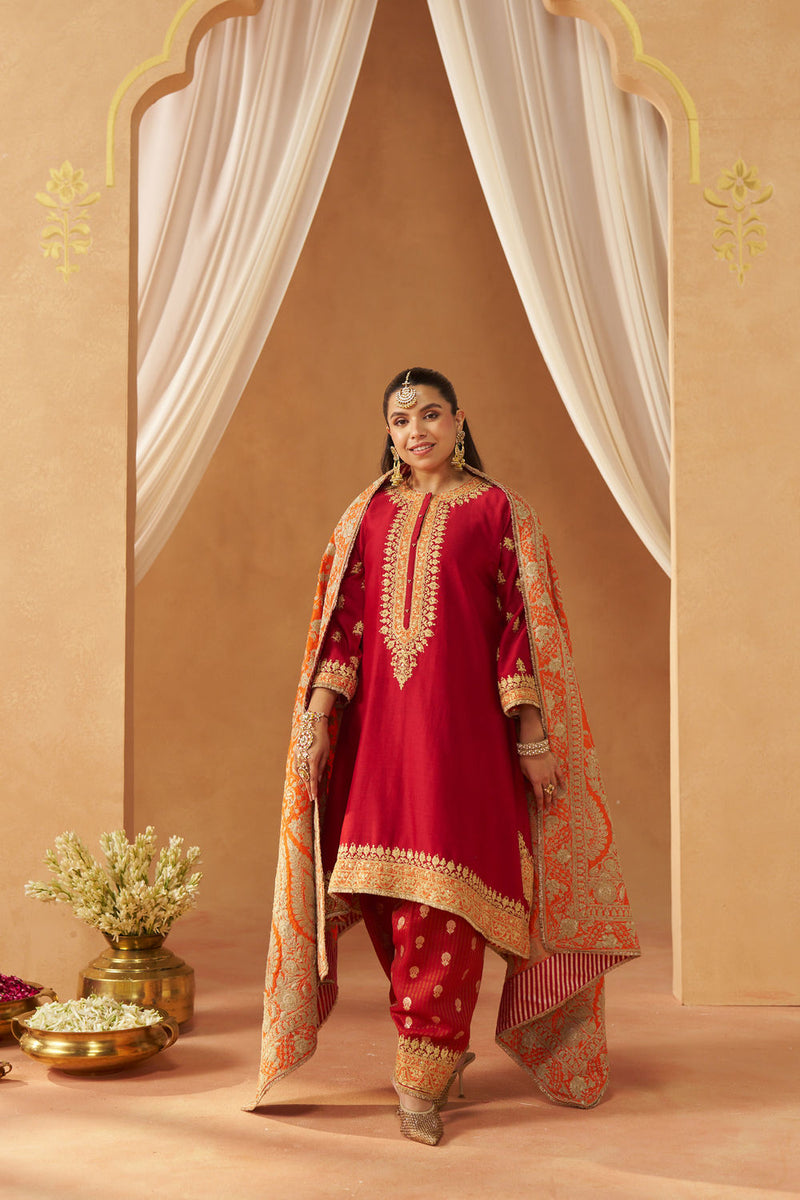 Zeenal Deep Red A-Line Kaaftan with Salwar with Dupatta silk chanderi kurta/kurta set by SHEETAL BATRA in red for women in Singapore