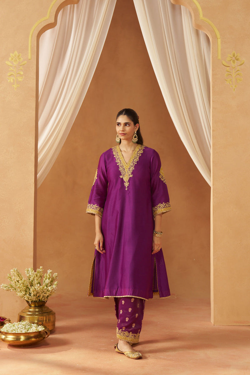 Liana Deep Purple Chauga with Salwar and Dupatta silk chanderi kurta/kurta set by SHEETAL BATRA in purple for women in Singapore