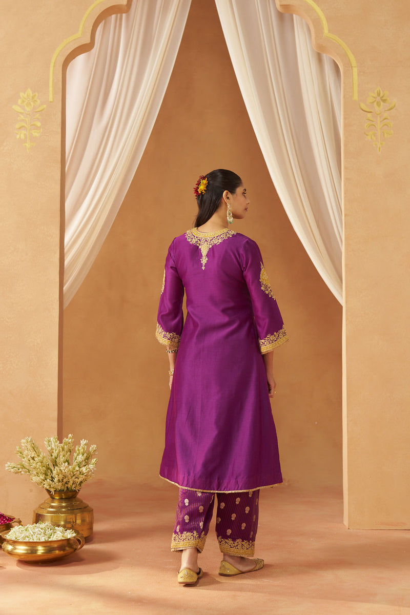 Liana Deep Purple Chauga with Salwar and Dupatta silk chanderi kurta/kurta set by SHEETAL BATRA in purple for women in Singapore
