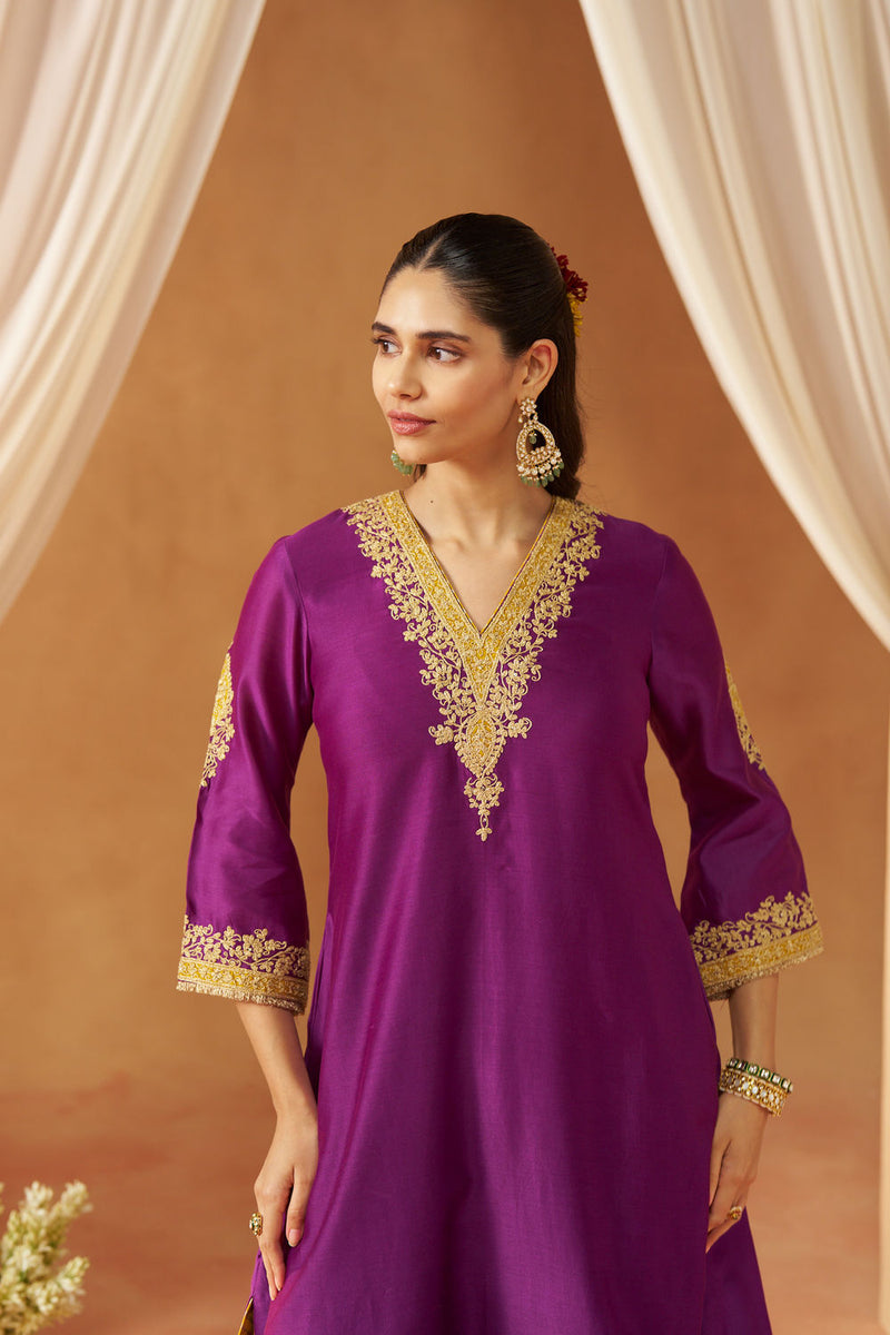 Liana Deep Purple Chauga with Salwar and Dupatta silk chanderi kurta/kurta set by SHEETAL BATRA in purple for women in Singapore
