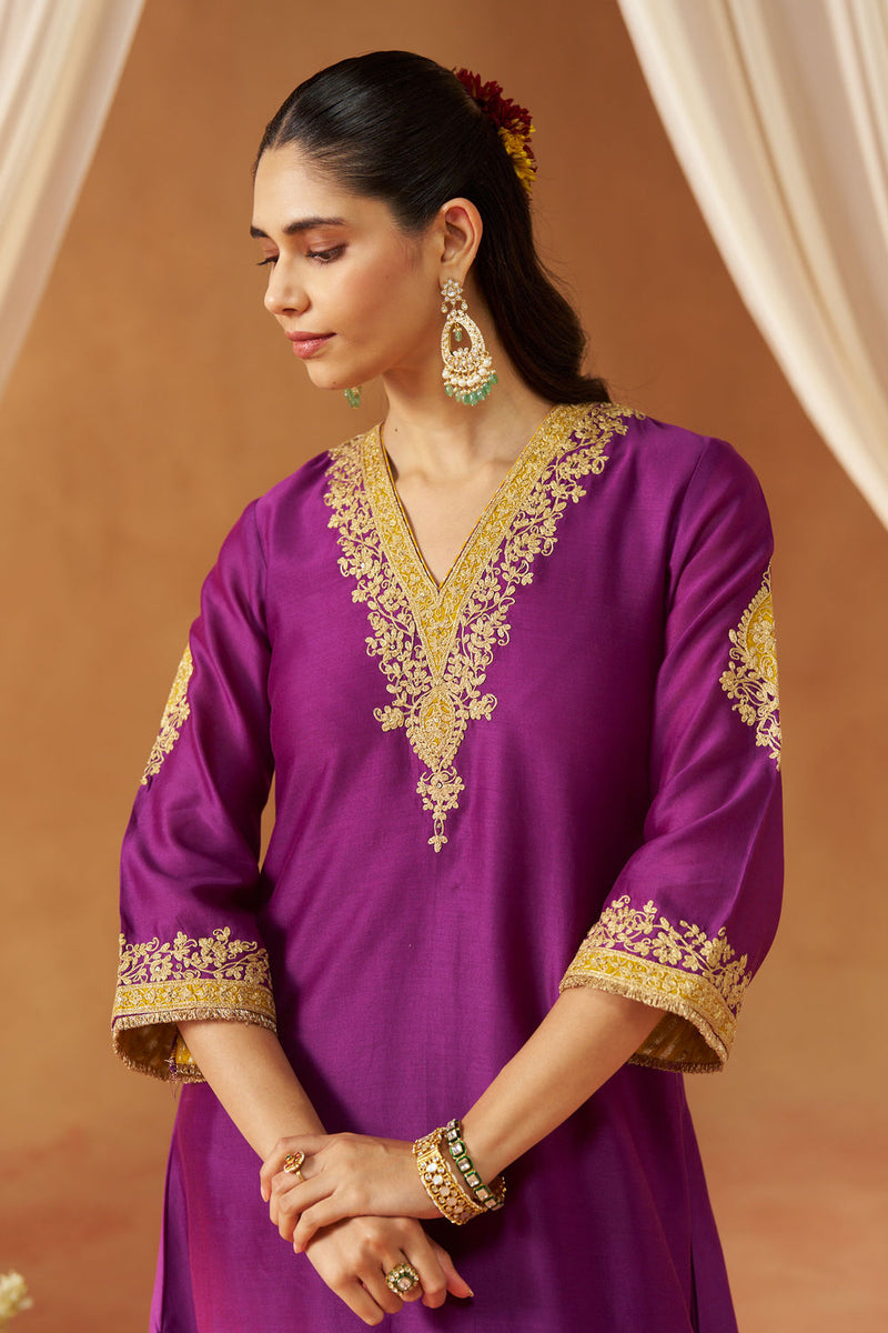 Liana Deep Purple Chauga with Salwar and Dupatta silk chanderi kurta/kurta set by SHEETAL BATRA in purple for women in Singapore