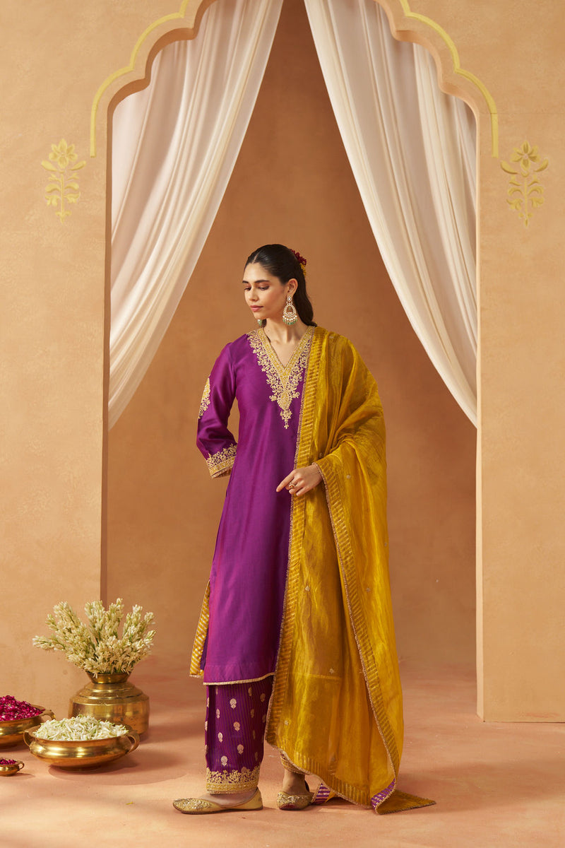 Liana Deep Purple Chauga with Salwar and Dupatta silk chanderi kurta/kurta set by SHEETAL BATRA in purple for women in Singapore