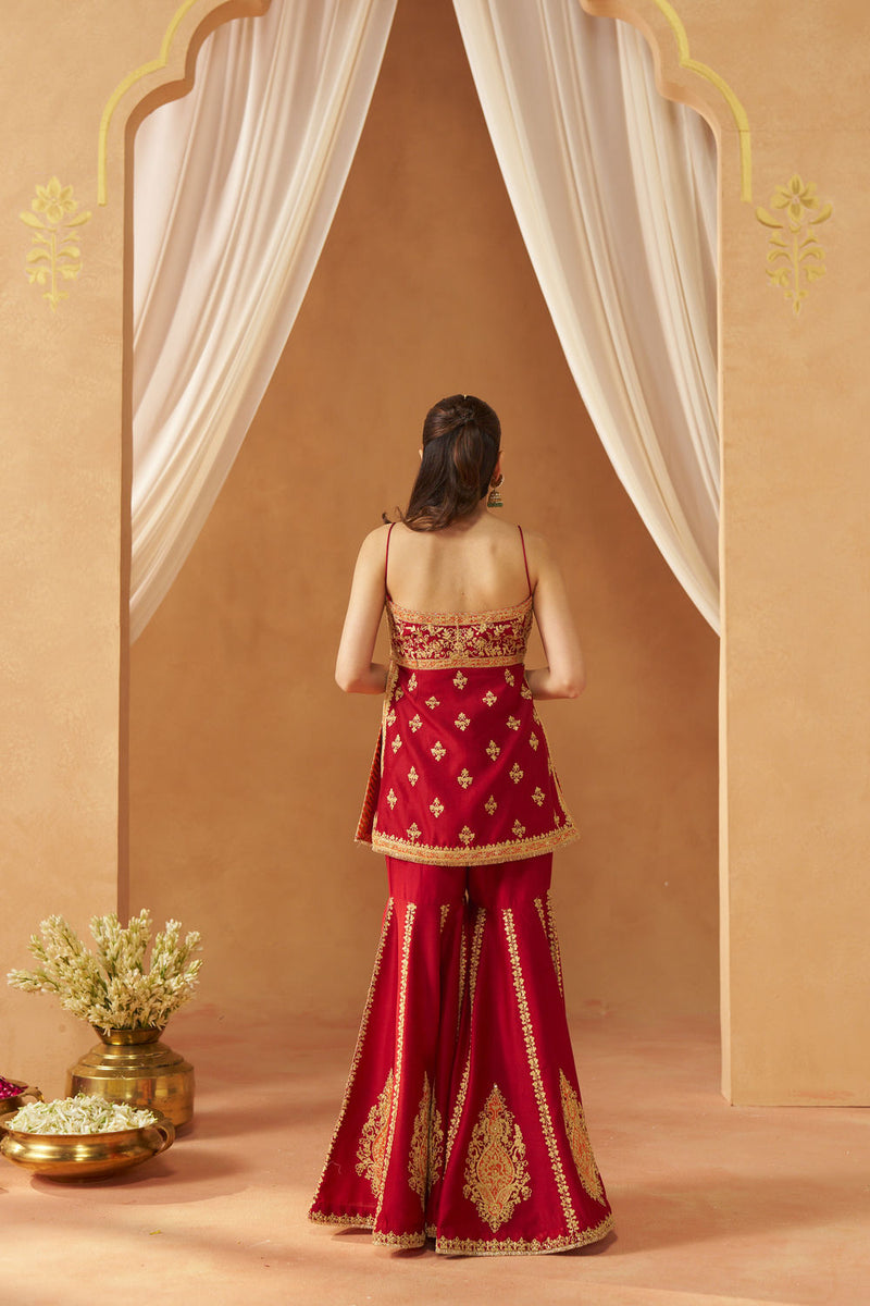 Najma Deep Red Kurta with Garara and Dupatta silk chanderi kurta/kurta set by SHEETAL BATRA in red for women in Singapore