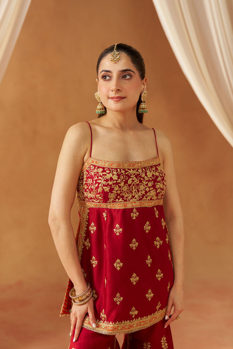 Najma Deep Red Kurta with Garara and Dupatta silk chanderi kurta/kurta set by SHEETAL BATRA in red for women in Singapore