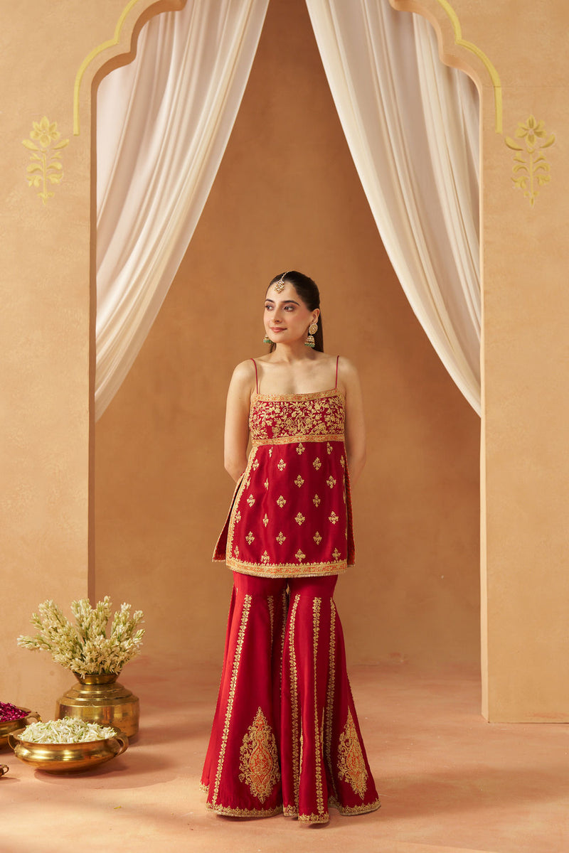 Najma Deep Red Kurta with Garara and Dupatta silk chanderi kurta/kurta set by SHEETAL BATRA in red for women in Singapore
