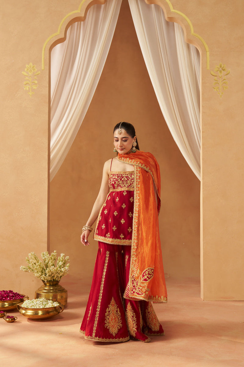 Najma Deep Red Kurta with Garara and Dupatta silk chanderi kurta/kurta set by SHEETAL BATRA in red for women in Singapore
