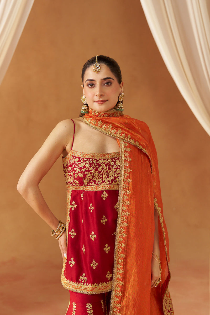 Najma Deep Red Kurta with Garara and Dupatta silk chanderi kurta/kurta set by SHEETAL BATRA in red for women in Singapore