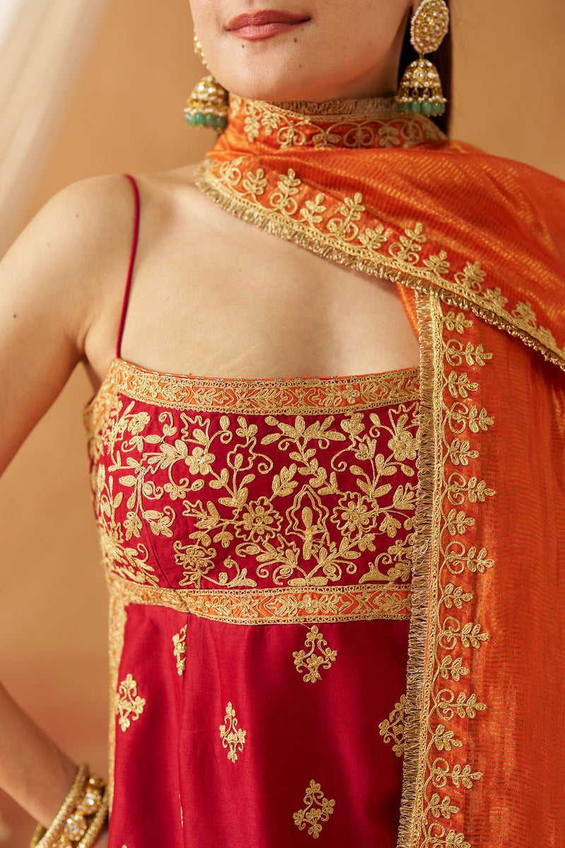 Najma Deep Red Kurta with Garara and Dupatta silk chanderi kurta/kurta set by SHEETAL BATRA in red for women in Singapore