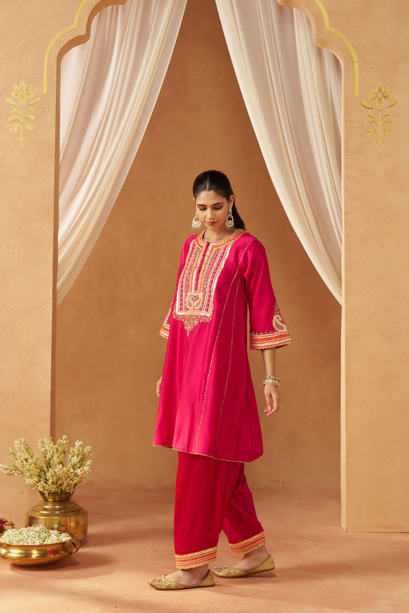 Daneen hotpink chauga with salwar silk chanderi kurta/kurta set by SHEETAL BATRA in pink for women in Singapore