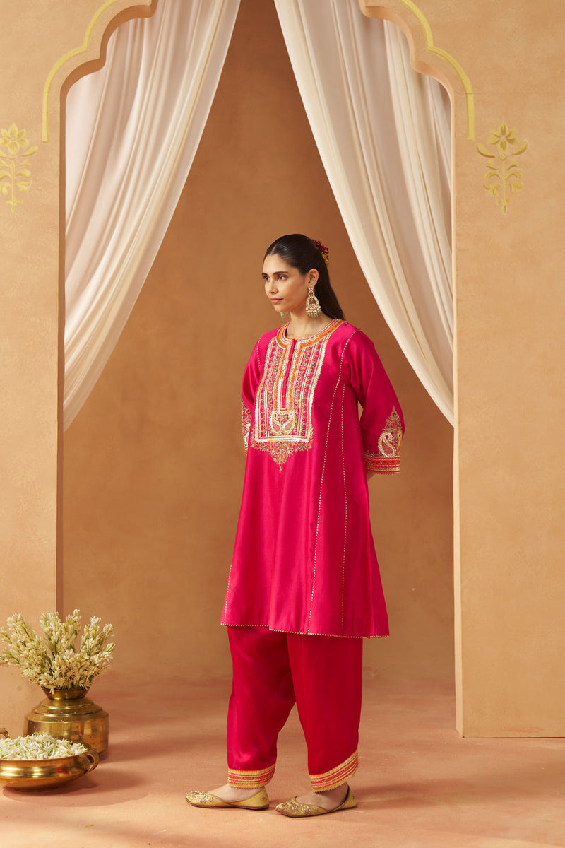 Daneen hotpink chauga with salwar silk chanderi kurta/kurta set by SHEETAL BATRA in pink for women in Singapore