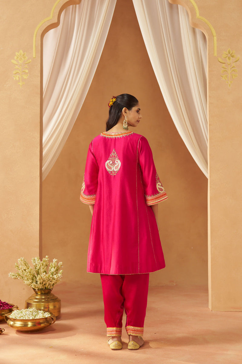 Daneen hotpink chauga with salwar silk chanderi kurta/kurta set by SHEETAL BATRA in pink for women in Singapore