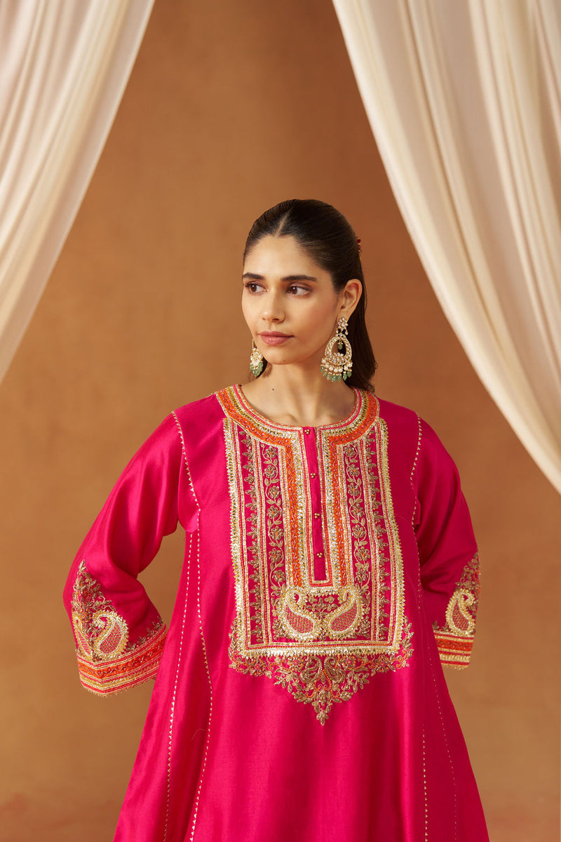 Daneen hotpink chauga with salwar silk chanderi kurta/kurta set by SHEETAL BATRA in pink for women in Singapore