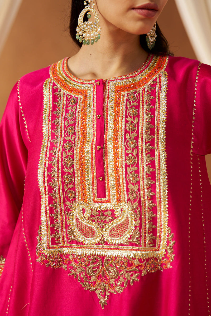 Daneen hotpink chauga with salwar silk chanderi kurta/kurta set by SHEETAL BATRA in pink for women in Singapore
