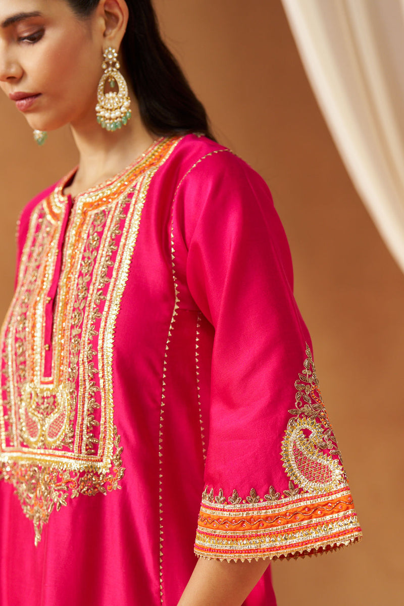 Daneen hotpink chauga with salwar silk chanderi kurta/kurta set by SHEETAL BATRA in pink for women in Singapore