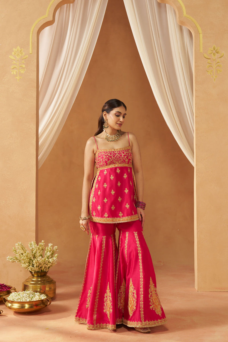 Najma Hotpink Kurta with Garara and Dupatta silk chanderi kurta/kurta set by SHEETAL BATRA in pink for women in Singapore