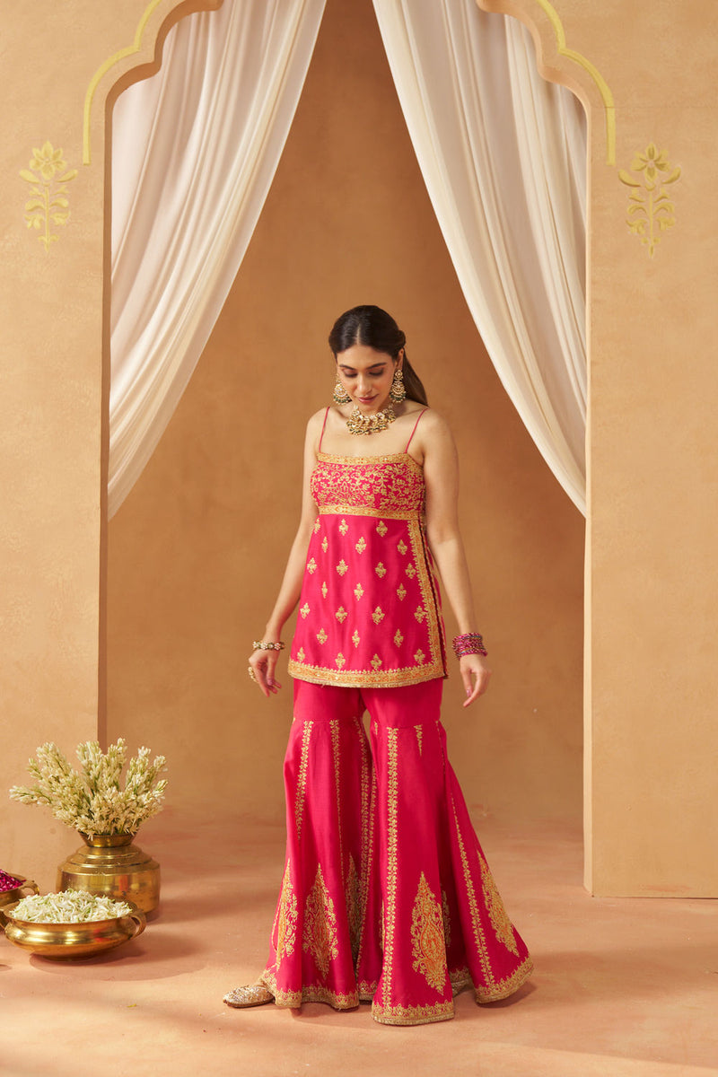 Najma Hotpink Kurta with Garara and Dupatta silk chanderi kurta/kurta set by SHEETAL BATRA in pink for women in Singapore