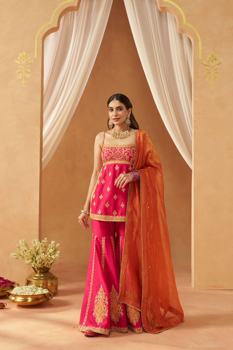 Najma Hotpink Kurta with Garara and Dupatta silk chanderi kurta/kurta set by SHEETAL BATRA in pink for women in Singapore