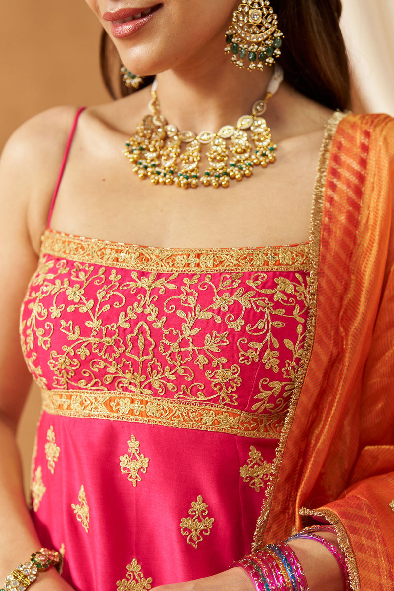 Najma Hotpink Kurta with Garara and Dupatta silk chanderi kurta/kurta set by SHEETAL BATRA in pink for women in Singapore