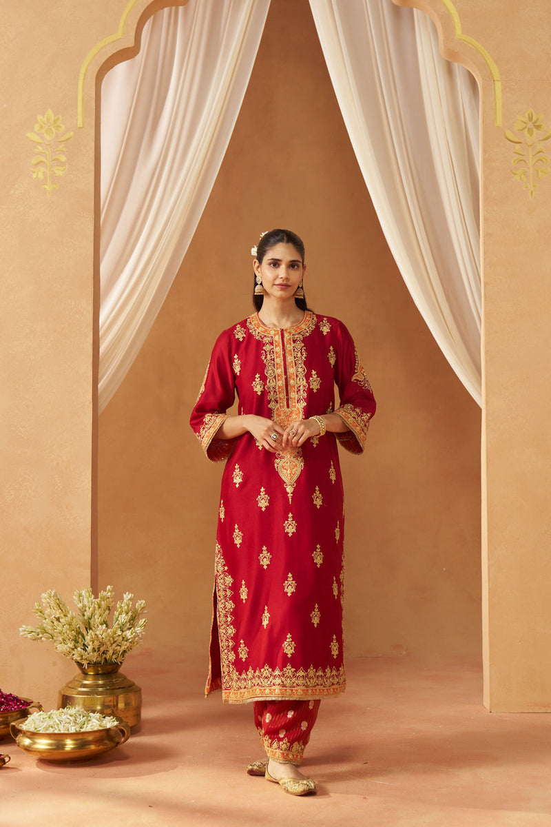 Mubina Deep Red Kurta with Salwar and Dupatta silk chanderi kurta/kurta set by SHEETAL BATRA in red for women in Singapore