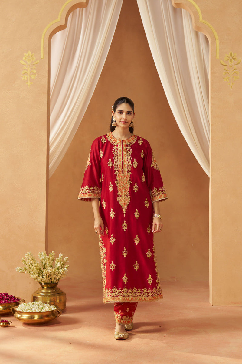 Mubina Deep Red Kurta with Salwar and Dupatta silk chanderi kurta/kurta set by SHEETAL BATRA in red for women in Singapore
