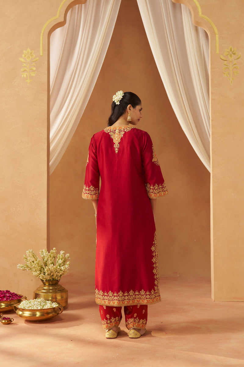 Mubina Deep Red Kurta with Salwar and Dupatta silk chanderi kurta/kurta set by SHEETAL BATRA in red for women in Singapore