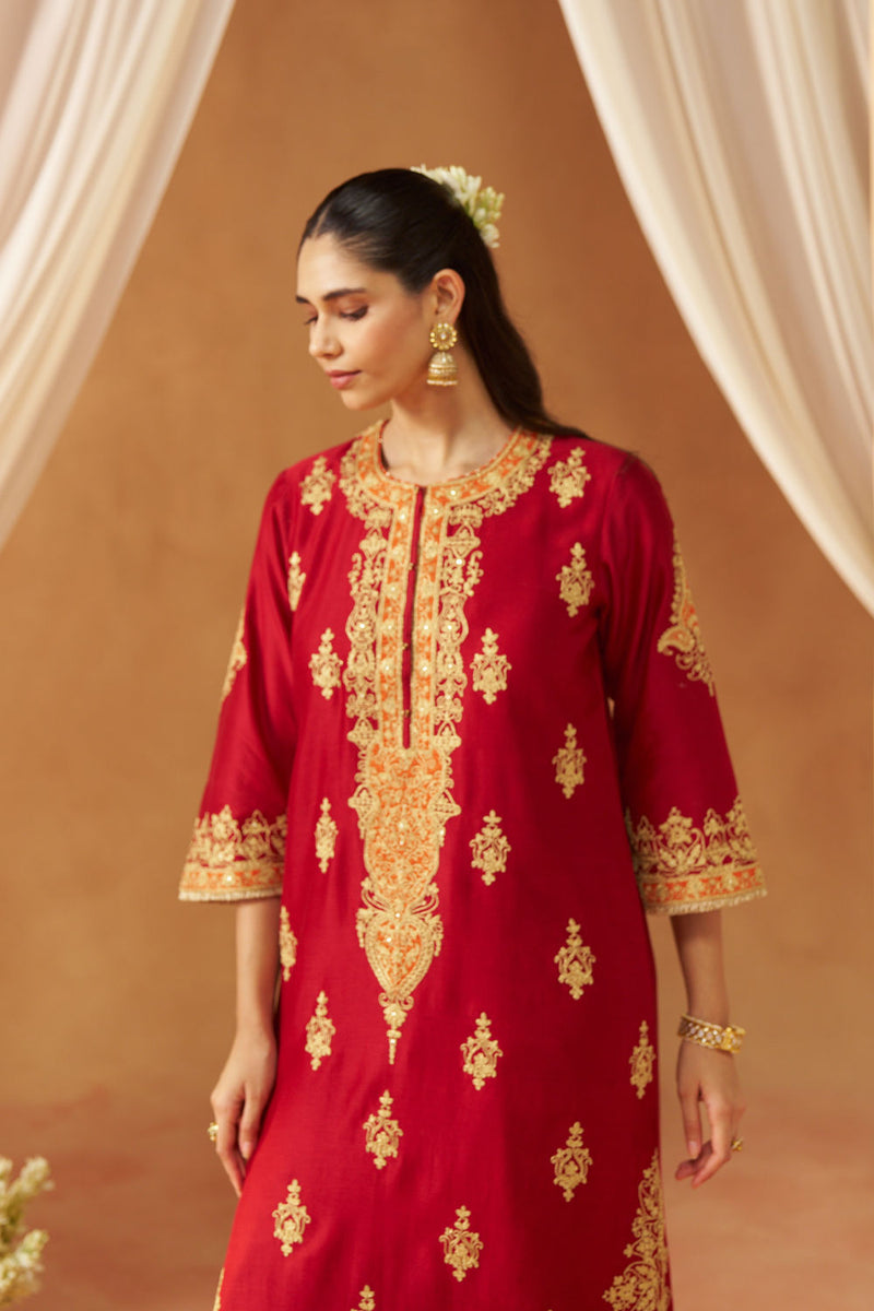 Mubina Deep Red Kurta with Salwar and Dupatta silk chanderi kurta/kurta set by SHEETAL BATRA in red for women in Singapore