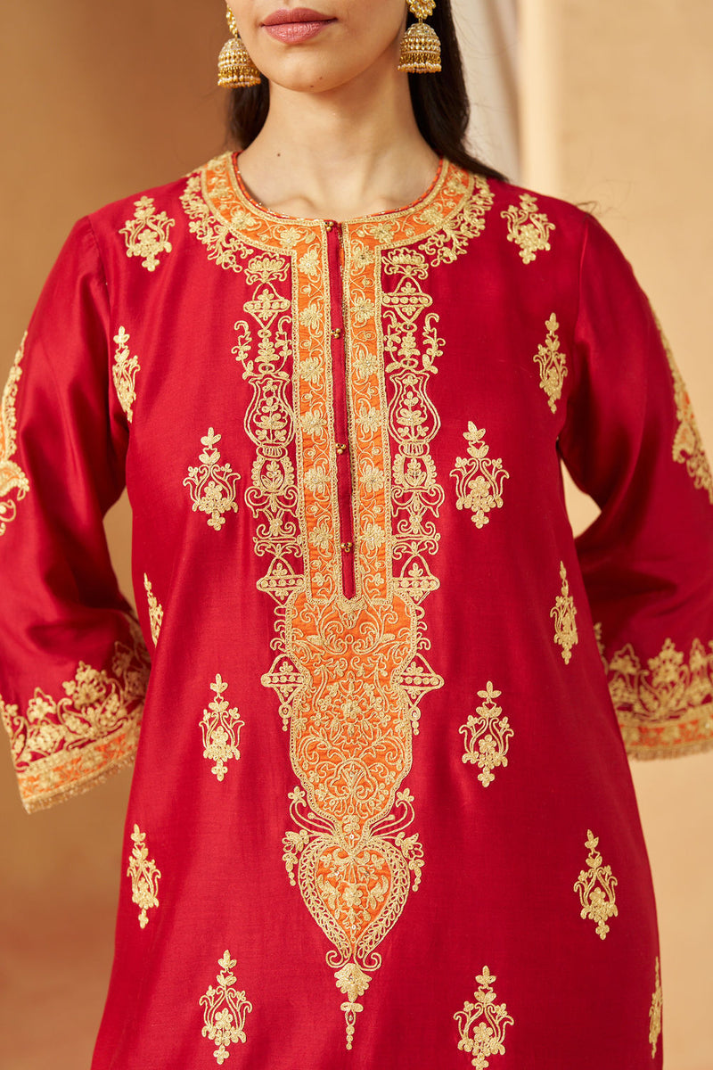 Mubina Deep Red Kurta with Salwar and Dupatta silk chanderi kurta/kurta set by SHEETAL BATRA in red for women in Singapore