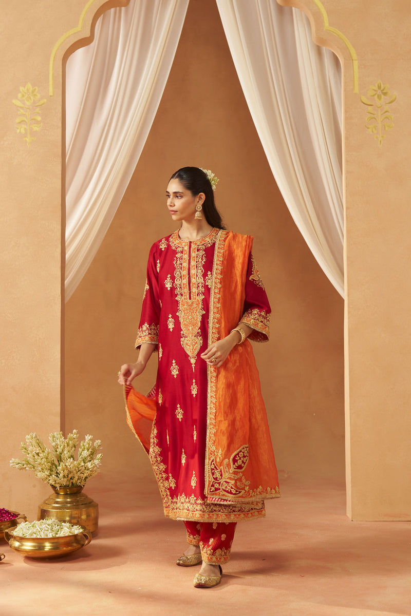 Mubina Deep Red Kurta with Salwar and Dupatta silk chanderi kurta/kurta set by SHEETAL BATRA in red for women in Singapore