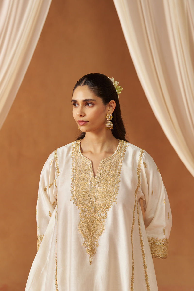 Maahgul Daisy Ivory Kalidaar Chauga with Salwar and Dupatta silk chanderi kurta/kurta set by SHEETAL BATRA in ivory for women in Singapore