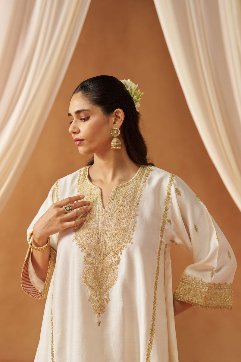 Maahgul Daisy Ivory Kalidaar Chauga with Salwar and Dupatta silk chanderi kurta/kurta set by SHEETAL BATRA in ivory for women in Singapore