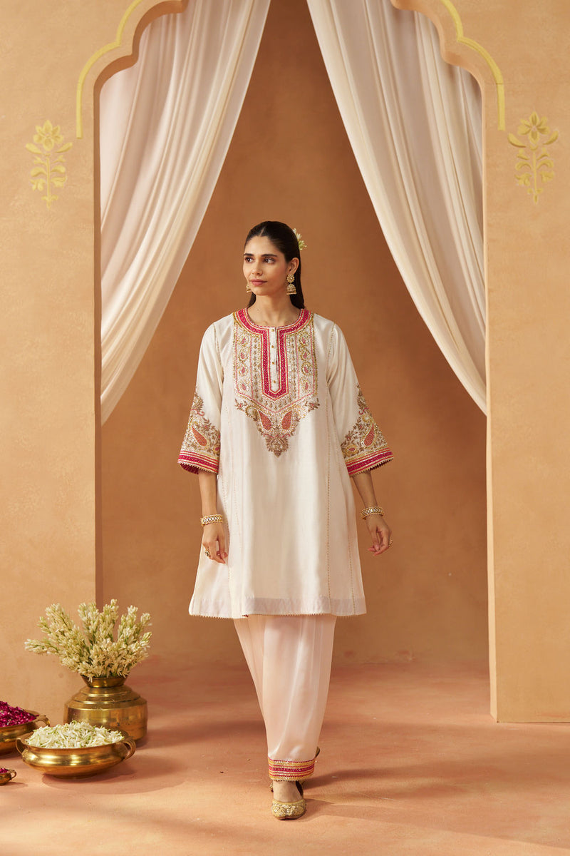Zimal daisy ivory chauga with salwar silk chanderi kurta/kurta set by SHEETAL BATRA in ivory for women in Singapore