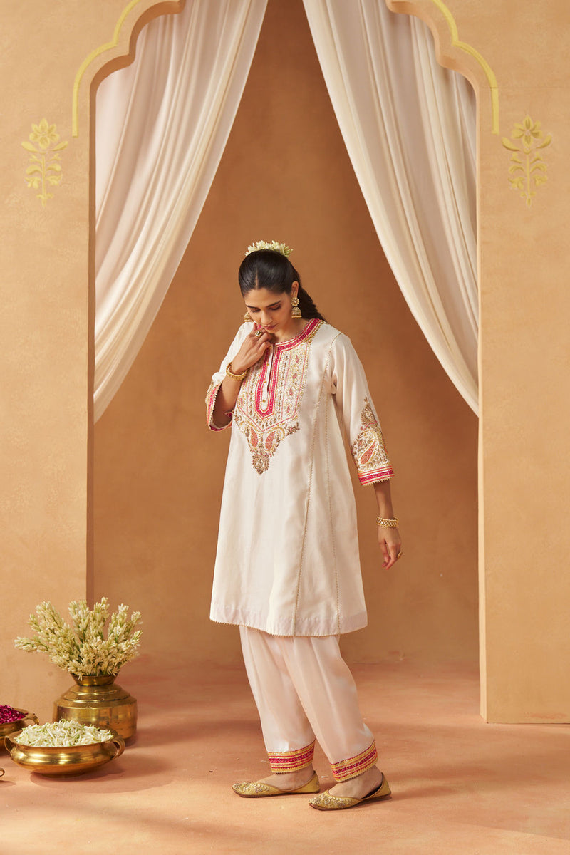 Zimal daisy ivory chauga with salwar silk chanderi kurta/kurta set by SHEETAL BATRA in ivory for women in Singapore
