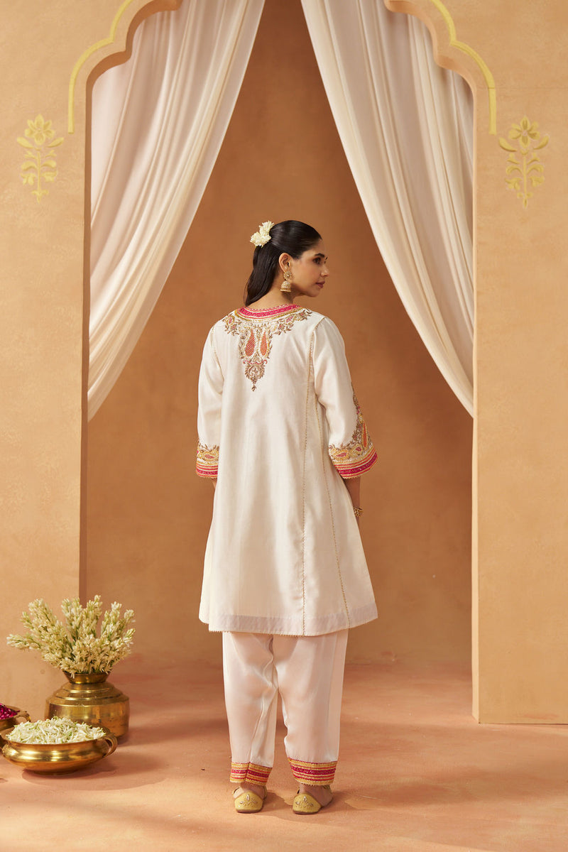 Zimal daisy ivory chauga with salwar silk chanderi kurta/kurta set by SHEETAL BATRA in ivory for women in Singapore