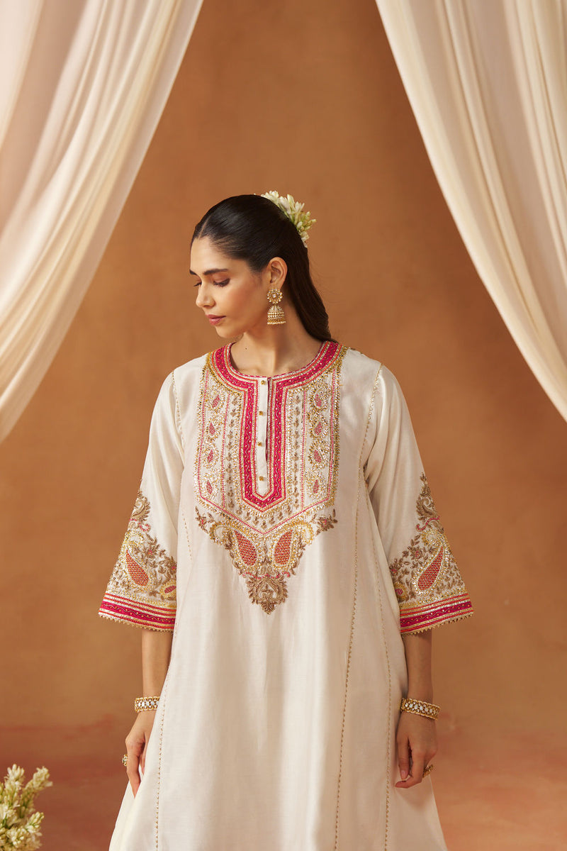 Zimal daisy ivory chauga with salwar silk chanderi kurta/kurta set by SHEETAL BATRA in ivory for women in Singapore