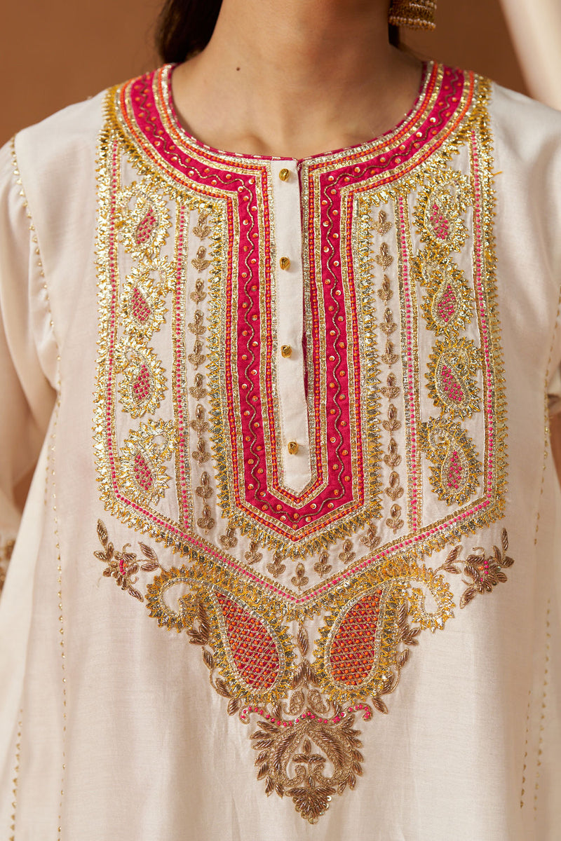Zimal daisy ivory chauga with salwar silk chanderi kurta/kurta set by SHEETAL BATRA in ivory for women in Singapore