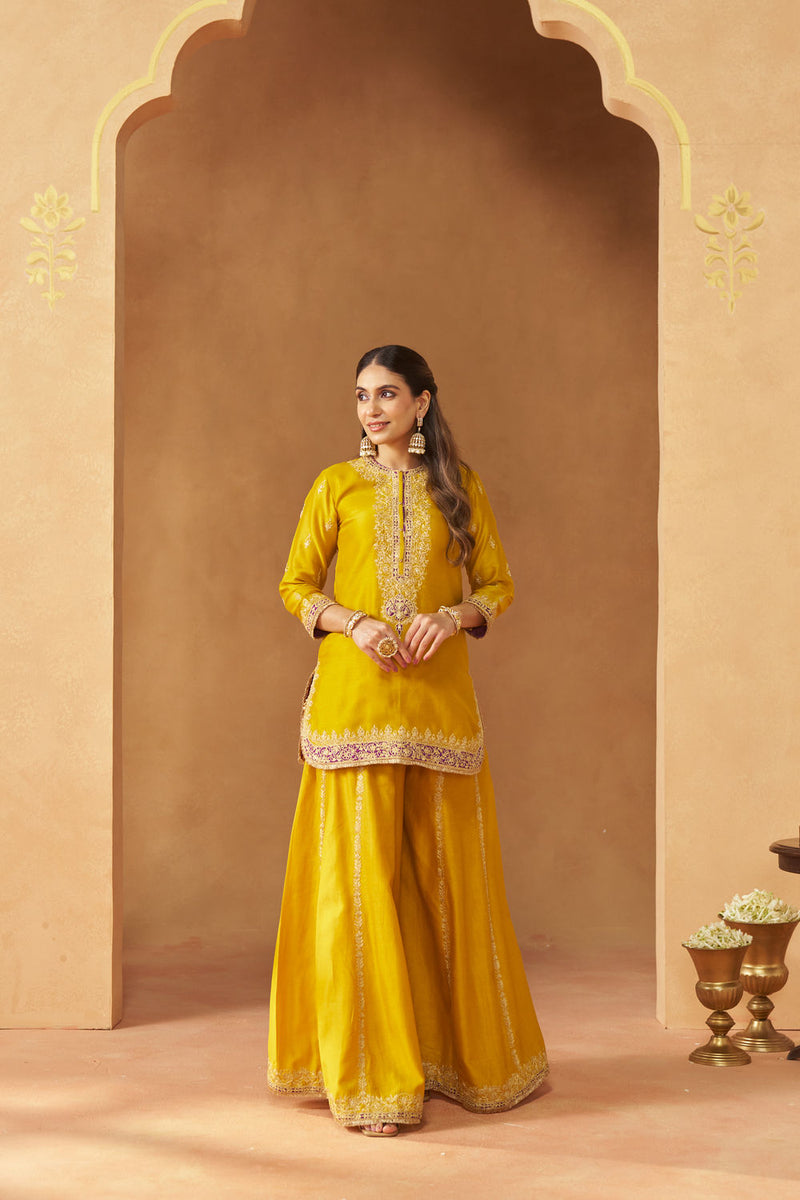 Fadiya Mustard Kurta with Sharara and Dupatta silk chanderi kurta/kurta set by SHEETAL BATRA in mustard for women in Singapore
