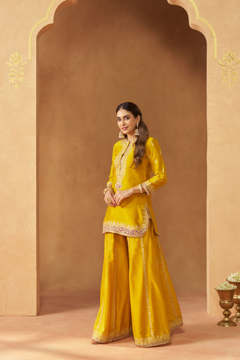 Fadiya Mustard Kurta with Sharara and Dupatta silk chanderi kurta/kurta set by SHEETAL BATRA in mustard for women in Singapore
